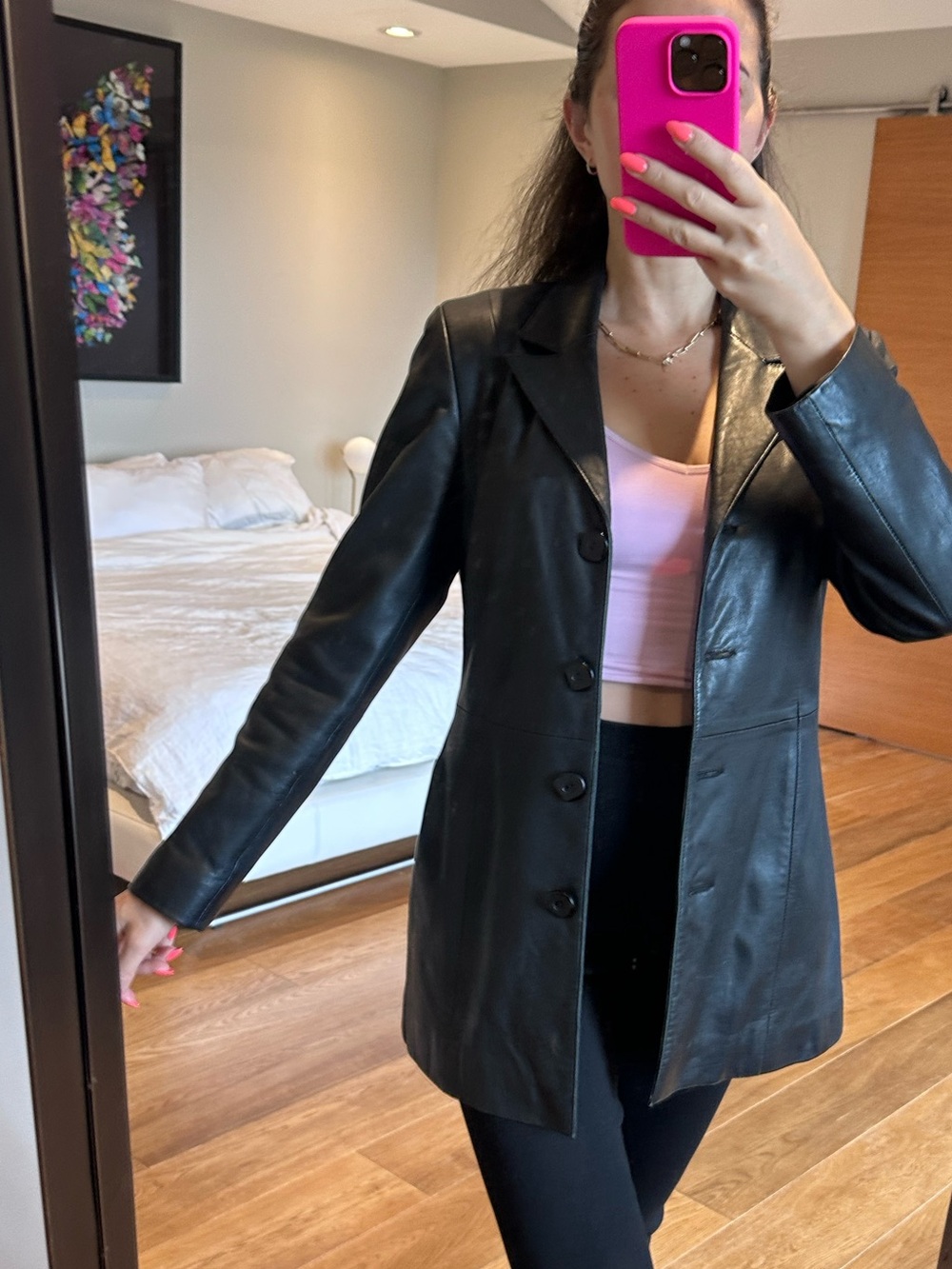 Classic Black Leather Button-Front Jacket -